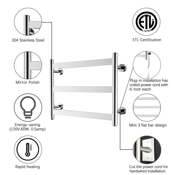 Heatgene Towel Warmer 3 Flat Bar Towel Dryer Wall Mounted Electric